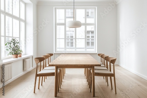 Minimalist, a Scandinavian interior design dining room with wooden dining tables and chairs. Generative AI 