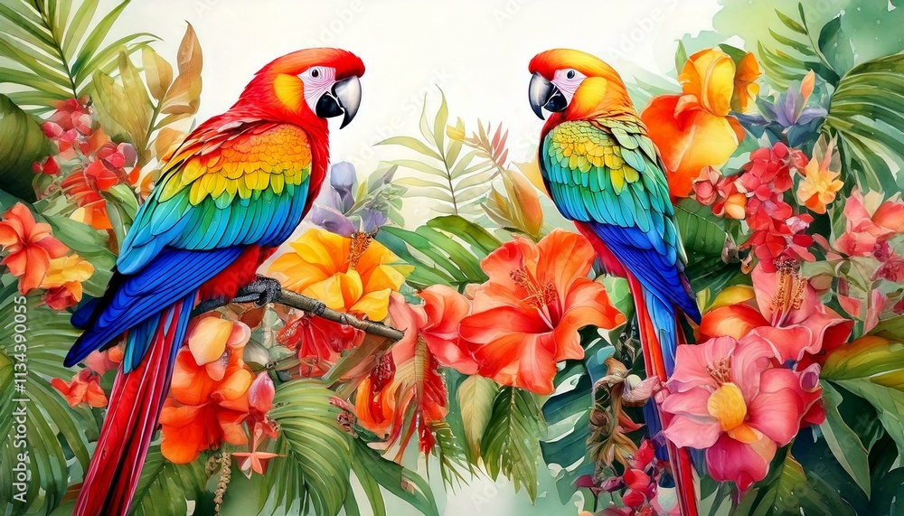 Tropical parrots perched on watercolor vines with bright exotic flowers Tropical parrots perched on watercolor vines with bright exotic flowers