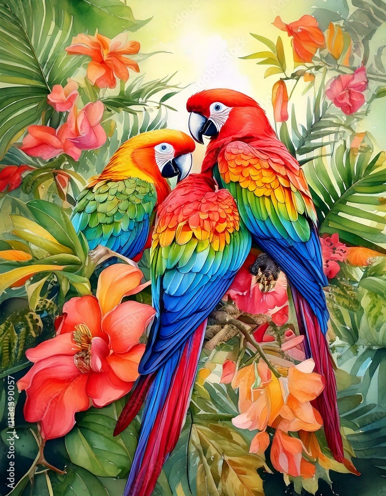 Tropical parrots perched on watercolor vines with bright exotic flowers Tropical parrots perched on watercolor vines with bright exotic flowers