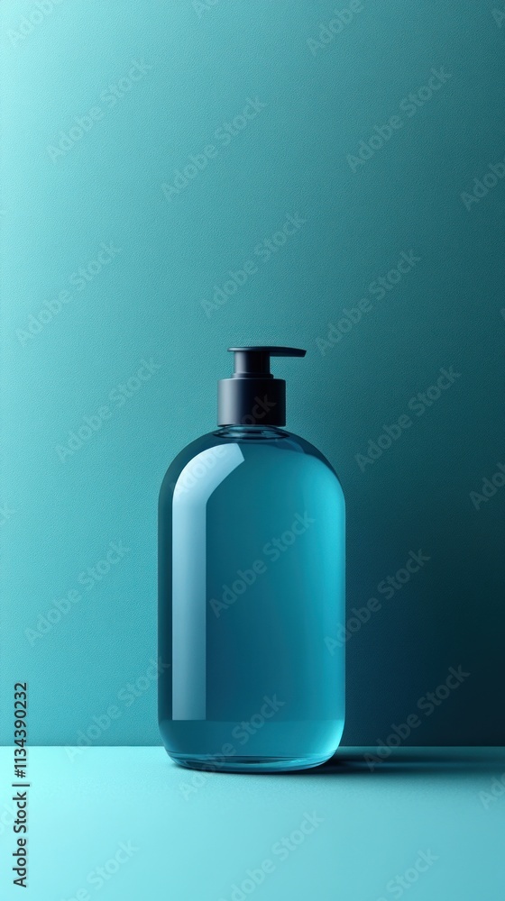 A sleek blue pump bottle against a teal background, suggesting personal care or hygiene products. A sleek blue pump bottle against a teal background, suggesting personal care or hygiene products.