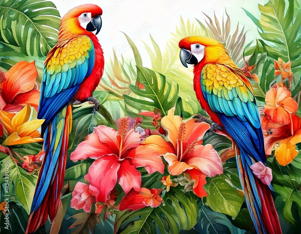 Tropical parrots perched on watercolor vines with bright exotic flowers Tropical parrots perched on watercolor vines with bright exotic flowers