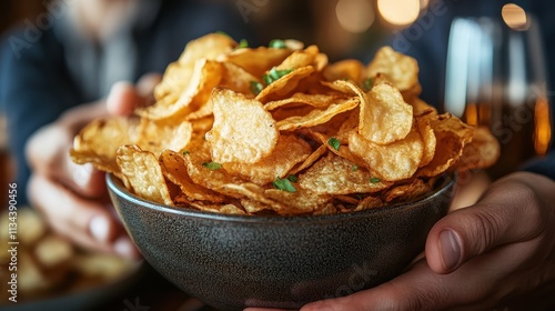 A person holds out a ceramic bowl brimming with crispy potato chips, set in warm ambient lighting, emblematic of sharing, warmth, and friendliness. photo