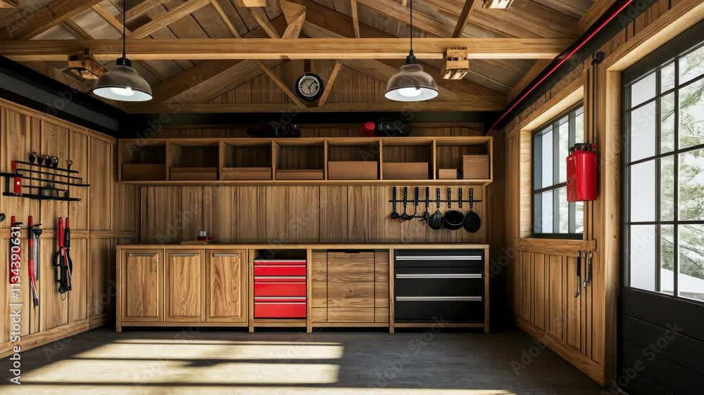 Modern wooden garage interior featuring organized tools and storage ...