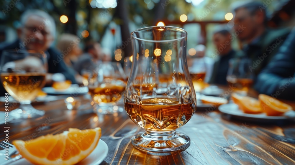 Outdoor gathering with whiskey glasses, sliced oranges on a wooden table. Outdoor gathering with whiskey glasses, sliced oranges on a wooden table.