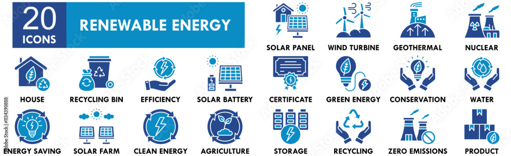 Renewable Energy icon collection set. Containing design electricity, renewable, technology, energy, eco Renewable Energy icon collection set. Containing design electricity, renewable, technology, energy, eco