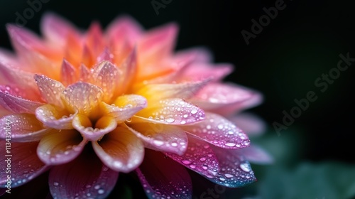 A beautiful multihued flower close-up image with shimmering droplets on its delicate petals, showcasing the splendor of color and light in nature. photo