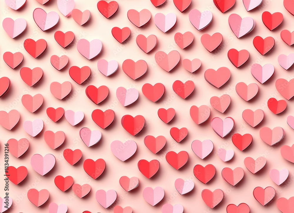 A vibrant arrangement of colorful paper hearts in various shades of pink and red, set against a soft, light background. A vibrant arrangement of colorful paper hearts in various shades of pink and red, set against a soft, light background.