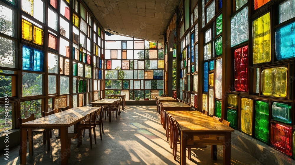A school built with recycled materials, with colorful bottle walls and natural light streaming through large windows A school built with recycled materials, with colorful bottle walls and natural light streaming through large windows