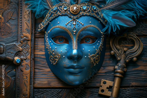 Mysterious Blue Venetian Mask on Dark Wood with Antique Key