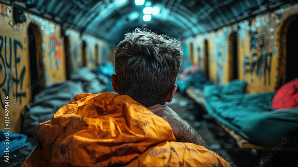 A solitary figure sitting in a dimly lit shelter space, evoking feelings of introspection and contemplation amidst a backdrop of faded walls and worn bedding. A solitary figure sitting in a dimly lit shelter space, evoking feelings of introspection and contemplation amidst a backdrop of faded walls and worn bedding.