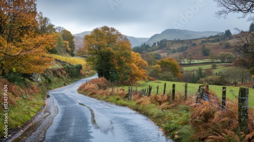 Winding country road meandering through a vibrant autumn landscape in a serene rural setting