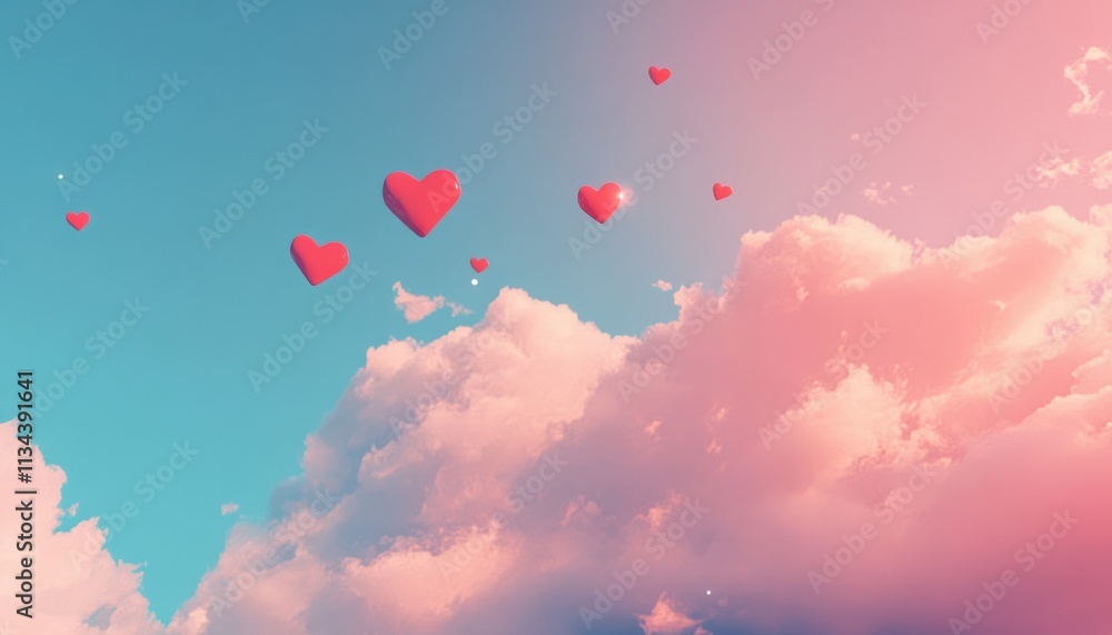 Pink hearts float among soft clouds in a pastel sky, creating a dreamy, romantic atmosphere. Pink hearts float among soft clouds in a pastel sky, creating a dreamy, romantic atmosphere.
