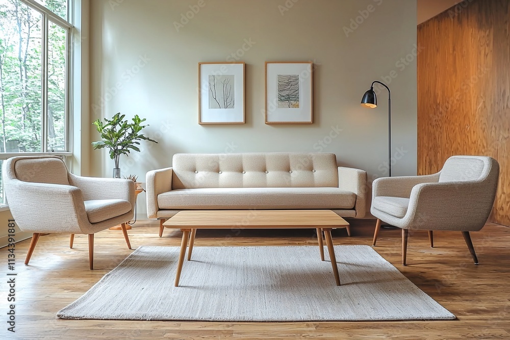 Fototapeta premium A modern minimalist interior design of a residential living room with sofa and armchair views. Generative AI 