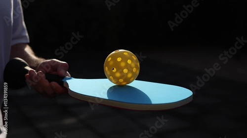 Pickle ball spinning in slow motion on a racket