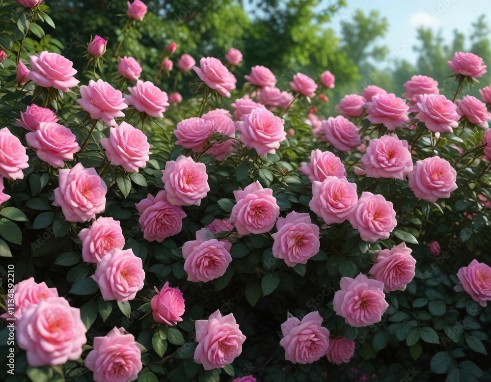 Dense thicket of pink rose bushes blooming in unison, foliage, garden, lush Dense thicket of pink rose bushes blooming in unison, foliage, garden, lush
