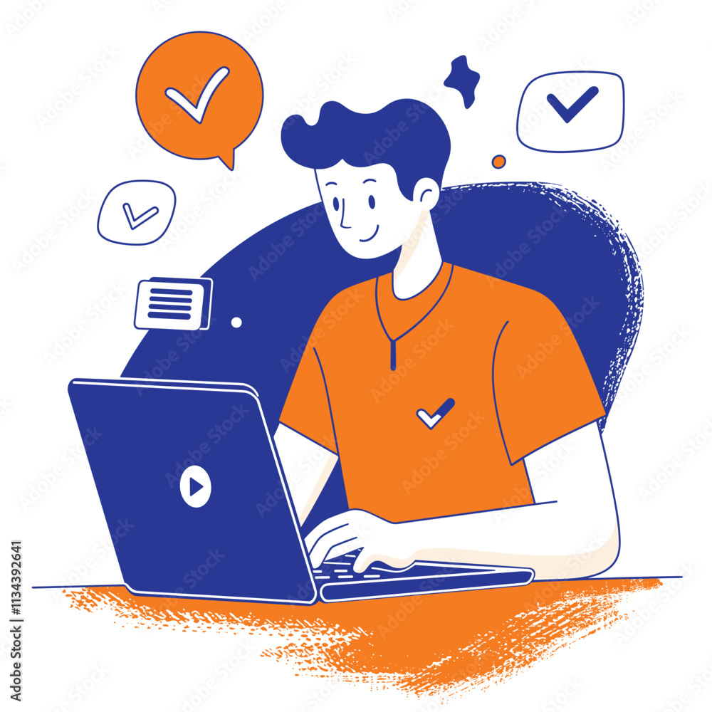 Cartoon person working on laptop with checkmarks around. Cartoon person working on laptop with checkmarks around.
