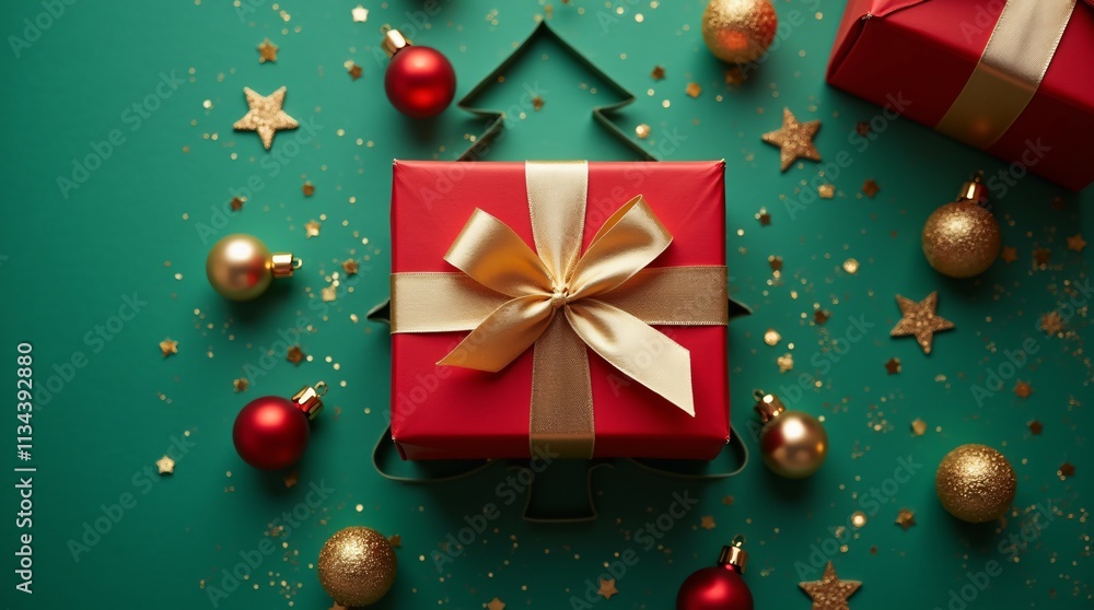 Christmas Holiday Banner with Red Gift Box, Golden Ribbon, Green Background, Tree Cutout, Baubles, Stars, and Festive Glitter. Christmas Holiday Banner with Red Gift Box, Golden Ribbon, Green Background, Tree Cutout, Baubles, Stars, and Festive Glitter.