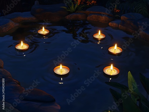 A serene pond illuminated by floating candles, creating a tranquil atmosphere.