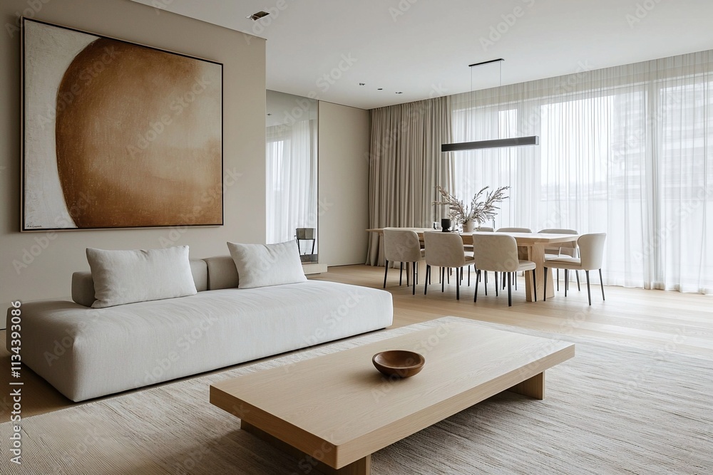 Fototapeta premium A modern Scandinavian interior design of the living room with minimalist, white sofa and cafe table and glimpses of the dining room. Generative AI