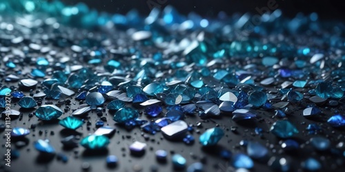 A wave of iridescent teal and blue sapphires breaks against a mysterious dark background, ocean colors, shimmering effect