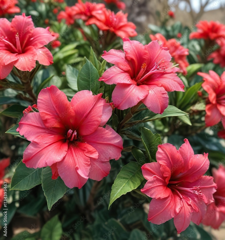 Obraz premium Image of Adenium flowers with intricate details and vibrant colors in a natural environment, bloom, greenery