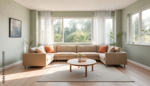 A modern living room with a large beige sectional sofa  a round coffee table  and a large window offering a view of trees outside.