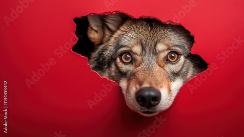 A curious wolf's face emerges from a torn red wall, highlighting attention and curiosity with striking eyes and fur detail, symbolizing nature's enigmatic allure. photo