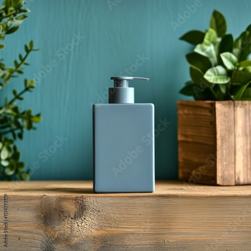 Simple gray pump bottle on wooden table surrounded by greenery in a serene indoor setting