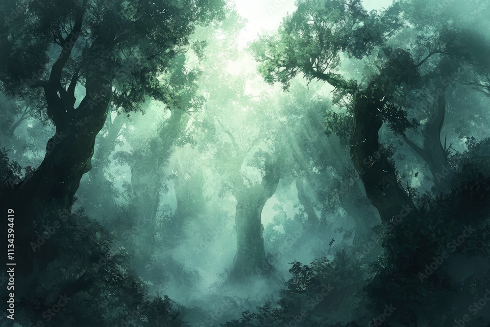 Obraz premium A mysterious forest shrouded in thick fog, with muted tones, tall ancient trees, and shafts of light breaking through the mist, evoking a cinematic and atmospheric vibe.