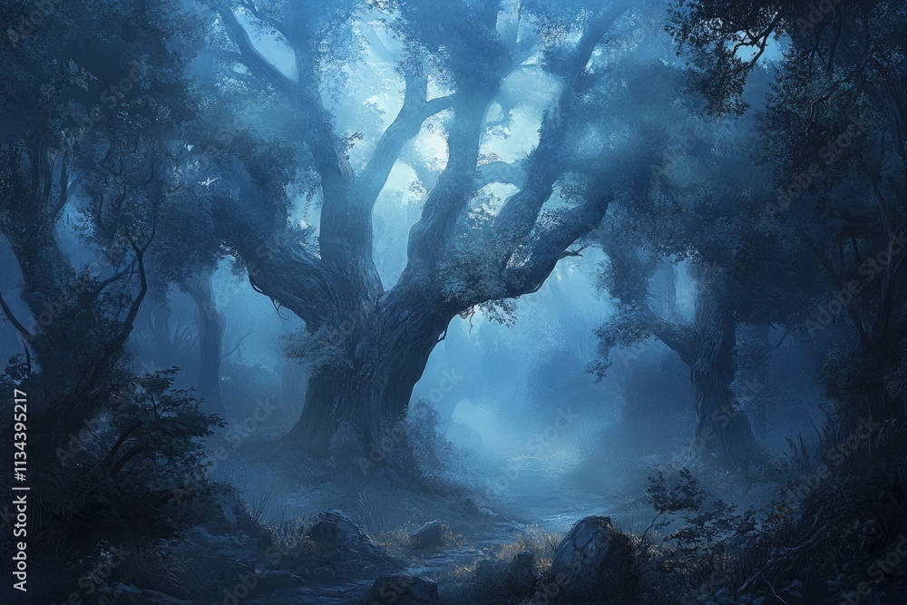 Fototapeta premium A mysterious forest shrouded in thick fog, with muted tones, tall ancient trees, and shafts of light breaking through the mist, evoking a cinematic and atmospheric vibe.