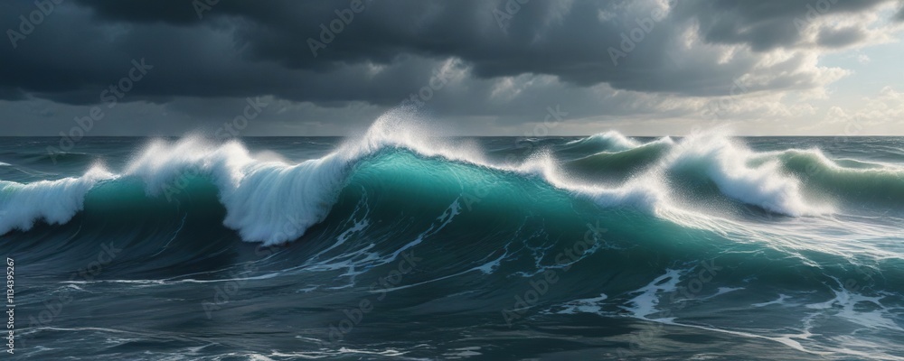 A dramatic stormy weather scene with waves crashing against the shore in blue sea water, blue ocean, stormy weather A dramatic stormy weather scene with waves crashing against the shore in blue sea water, blue ocean, stormy weather
