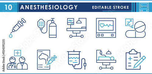 A set of line icons related to Anesthesiology. Medical team, operating monitor, heart monitor, pills, nerve block diagram, and so on. Vector editable stroke.