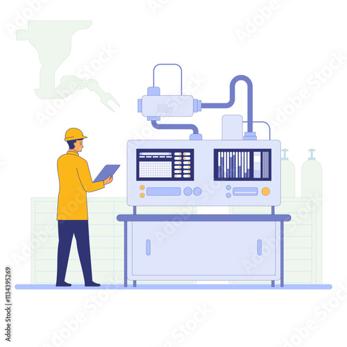 An engineer stands before a large control panel with multiple screens displaying graphs and data Industrial equipment surrounds the engineer indicating a monitoring or control room Vector illustration