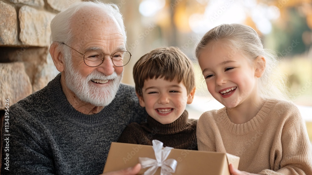 A joyful grandfather shares a special moment with his two smiling grandchildren, presenting a beautifully wrapped gift together. A joyful grandfather shares a special moment with his two smiling grandchildren, presenting a beautifully wrapped gift together.