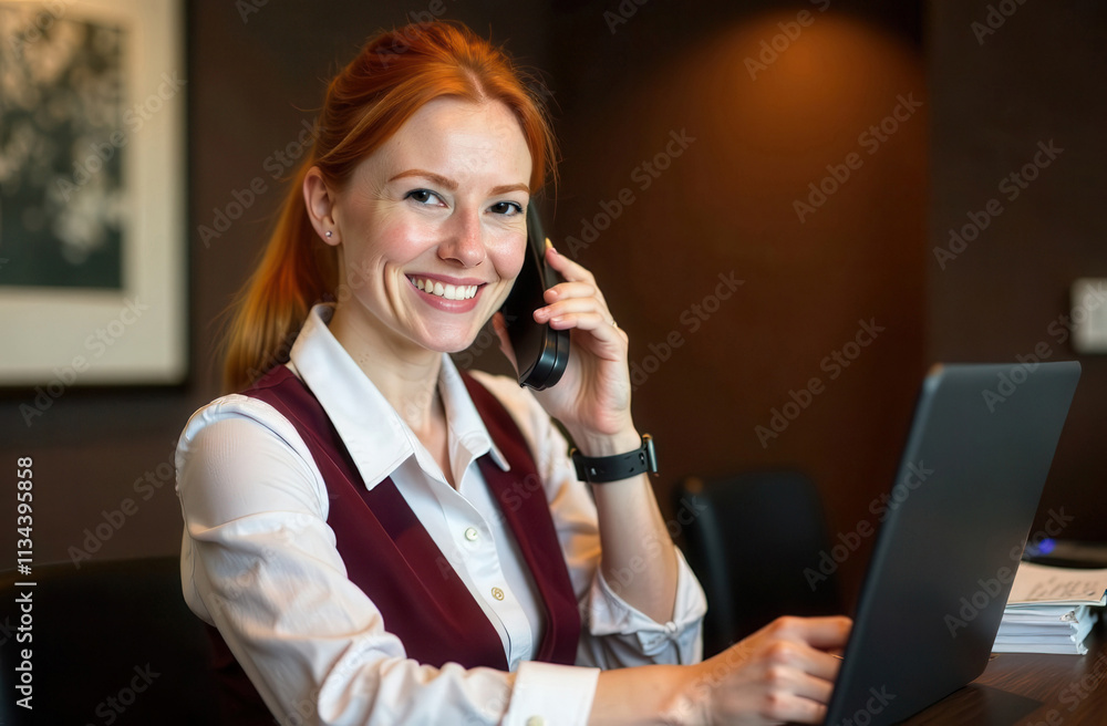 A smiling woman hotel administrator at the reception speaks on the phone. The restaurant administrator reserves a table by phone. Woman secretary with documents in her hands in the office.