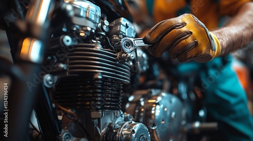 A mechanic adjusts a motorcycle engine with a wrench, showcasing hands-on repair skills and detailed craftsmanship in a workshop setting.
