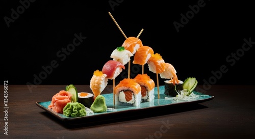 Assorted sushi platter with nigiri and rolls on a ceramic plate photo