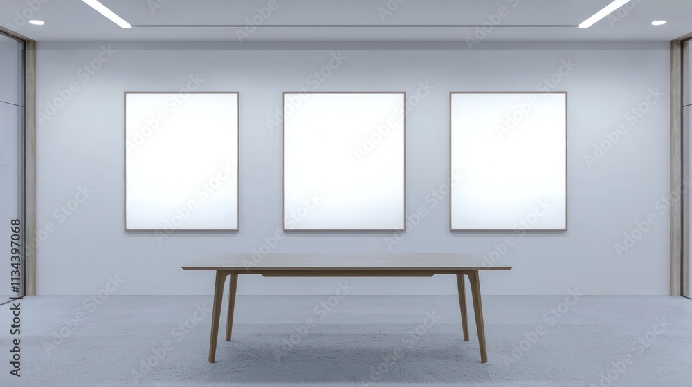 Modern dining area with a table and three mockup frames, designed for expansive ad showcases. Modern dining area with a table and three mockup frames, designed for expansive ad showcases.