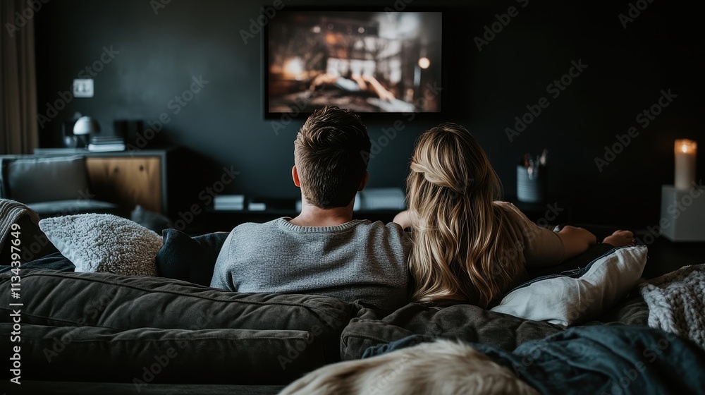 Couple Relaxing On Sofa Watching Television Couple Relaxing On Sofa Watching Television