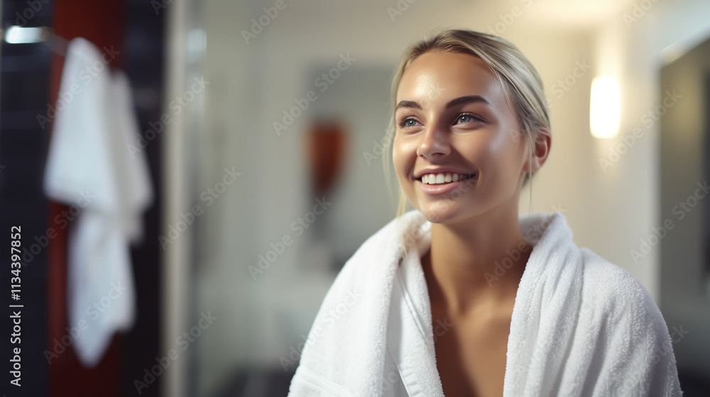 Portrait of girl in bathrobe after body treatment. Girl after shower. Portrait of girl in bathrobe after body treatment. Girl after shower.