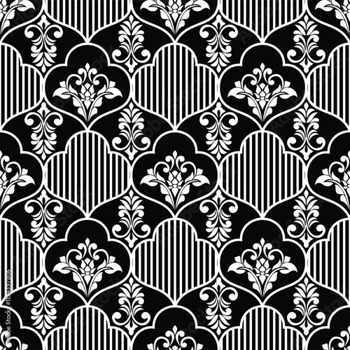 Floral geometric seamless pattern. Black and white ornament. Fabric for ornament, wallpaper, packaging, vector background
