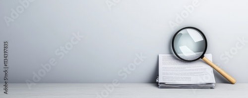 law restriction policy concept. Magnifying glass on notes against a plain background.