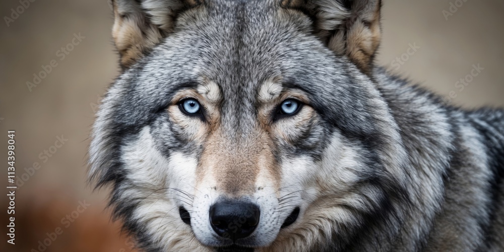 Fototapeta premium Closeup of a Wolf's Face with Striking Blue Eyes