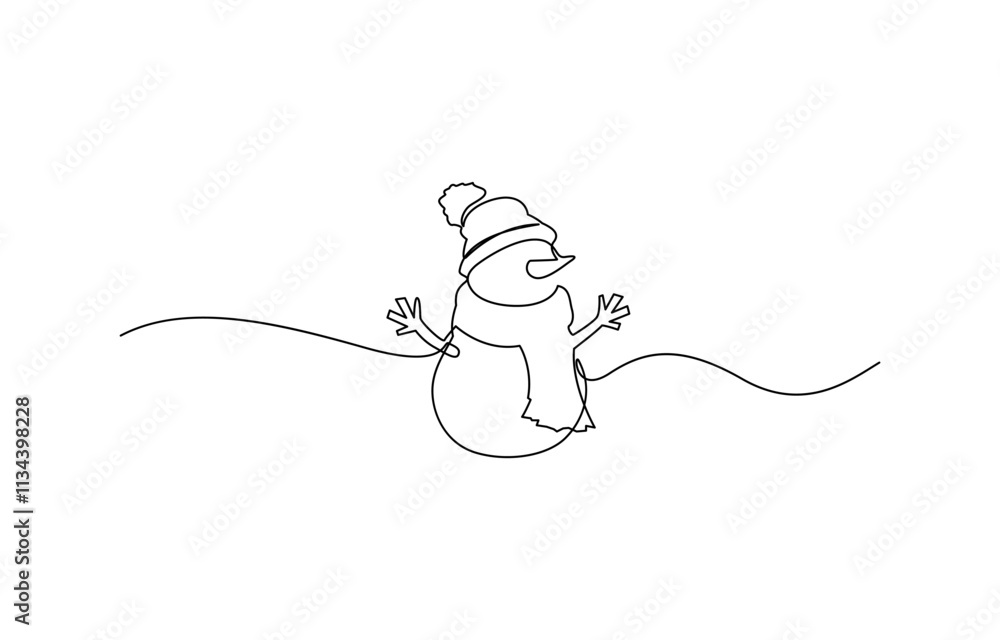Continuous line art drawing a smiling snowman, A cute smiley snowman drawn in continuous line art with a white background, Snowman continuous one line art style vector illustration. Continuous line art drawing a smiling snowman, A cute smiley snowman drawn in continuous line art with a white background, Snowman continuous one line art style vector illustration.