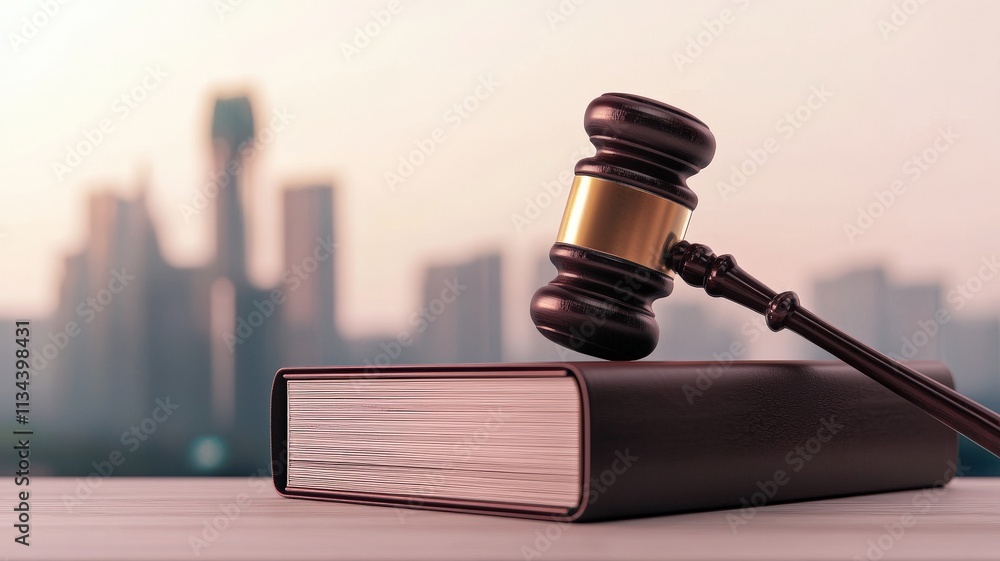 law restriction policy concept. Gavel on a law book with a city skyline backdrop. law restriction policy concept. Gavel on a law book with a city skyline backdrop.
