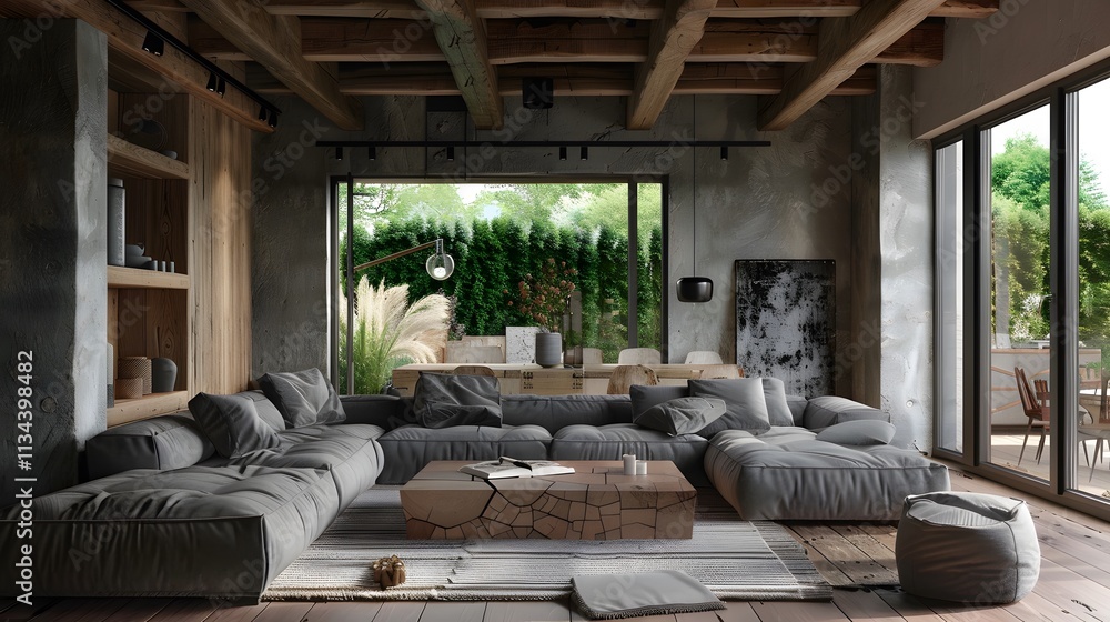 Modern minimalist living room interior design with natural light and greenery Modern minimalist living room interior design with natural light and greenery