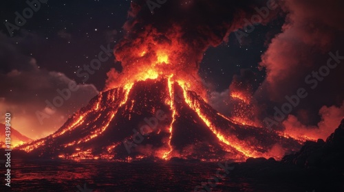 Stunning 3D illustration of a fantasy landscape with burning lava. photo