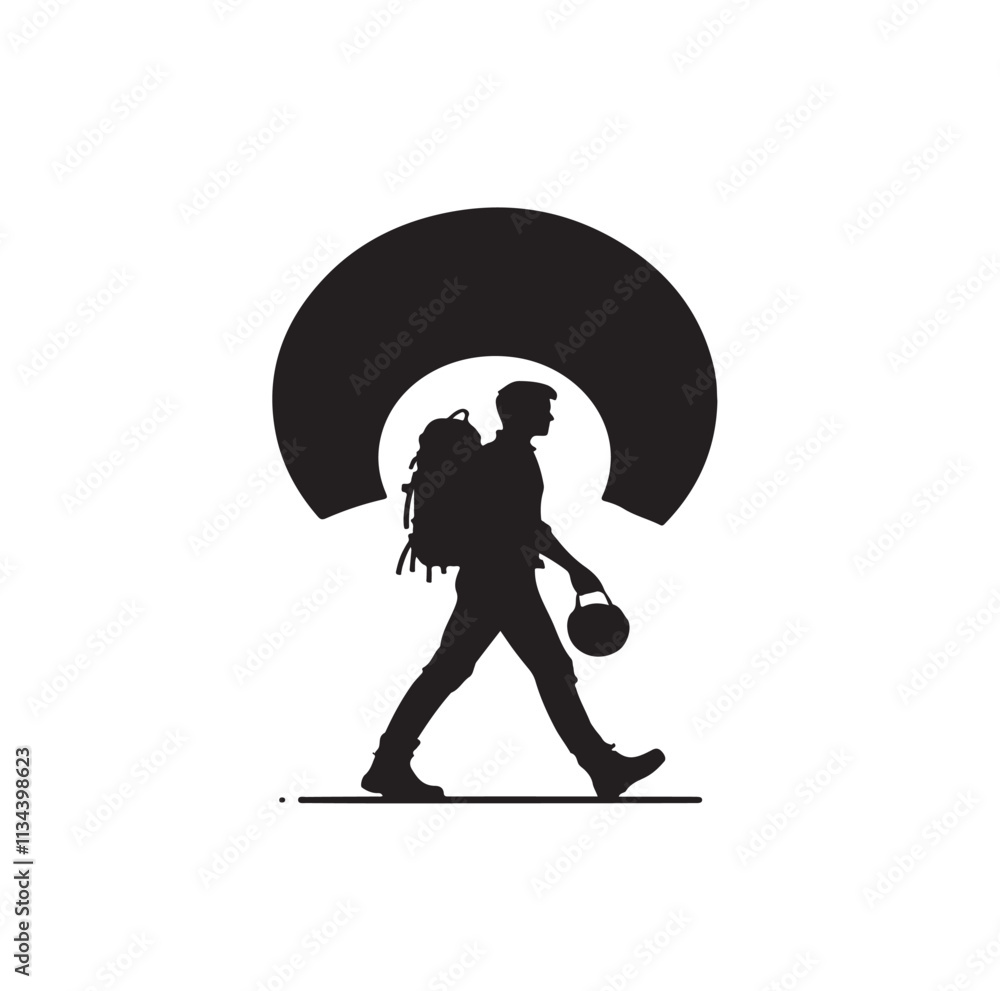 a man walking while holding a backpack and a helmet silhouette vector illustration a man walking while holding a backpack and a helmet silhouette vector illustration