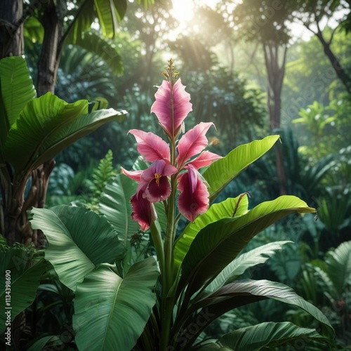 Banana flower in full bloom against a lush green forest of leaves, forest, plant, jungle photo