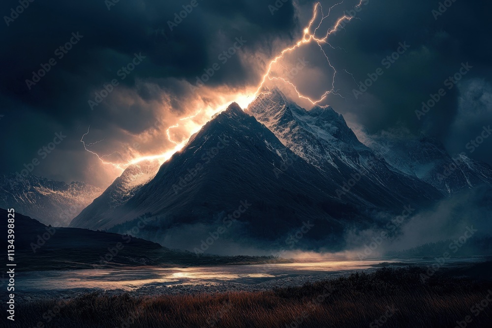 Fototapeta premium Enchanting mountain scenery illuminated by lightning